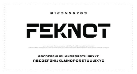 Technology font, digital cyber alphabet made sport style, letters A, B, C, D, E, F, G, H, I, J, K, L, M, N, O, P, Q, R, S, T, U, V, W, X, Y, Z and numerals 0, 1, 2, 3, 4, 5, 6, 7, 8, 9.