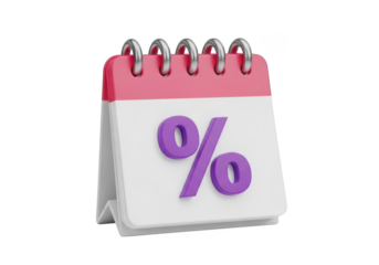 3d calendar page with percentage symbol isolated on transparent background