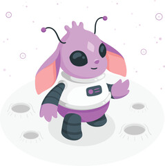 Cute purple alien in spacesuit on moon surface with craters extraterrestrial cartoon