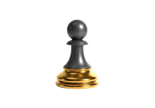 A 3d render of a black and gold chess pawn isolated on transparent background