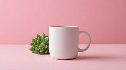 Obraz premium Minimalist white mug beside a succulent plant on a soft pink background with copy space