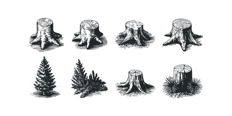 Naklejka premium Collection of wood stumps and evergreen trees