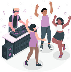D J playing music for dancing friends at a party vector