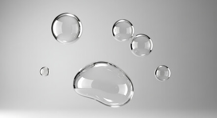 Close up macro view of clear transparent water droplets or liquid drops on a clean bright grey background surface