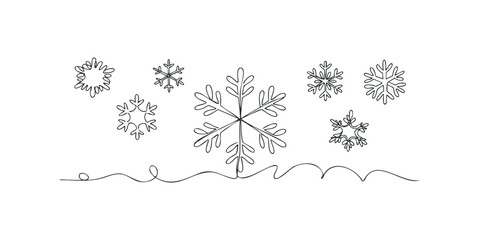 Simple line art collection of varied snowflakes on a wavy line