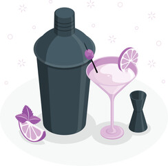 Dark gray cocktail shaker martini glass lime slice mint leaf jigger vector