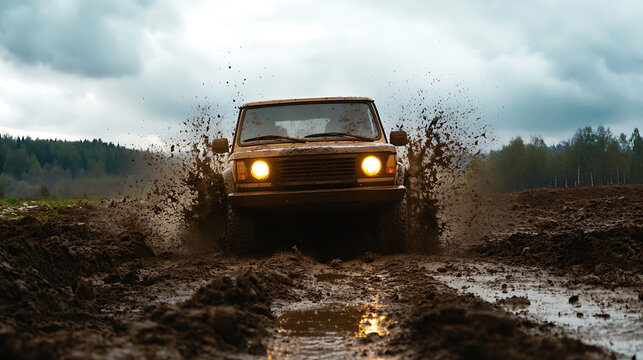 A rugged vehicle powers through a mud-filled landscape, its headlights piercing the murky atmosphere. Mud splashes high, illustrating the raw power and adventurous spirit.