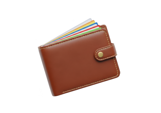 Brown leather wallet with credit cards isolated on transparent background