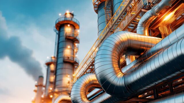 Industrial facility showcasing intricate piping systems and towering structures, with dynamic camera movement capturing the scene's depth and detail