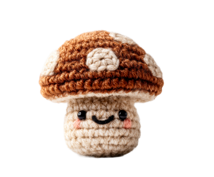 Crocheted Mushroom Toy with Smiling Face and Pink Cheeks on a transparent background, cut out