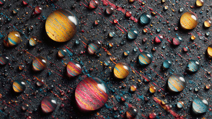 Close-up of vibrant water droplets, creating an abstract and colorful surface