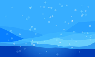 Abstract blue landscape with flowing waves and floating bubbles