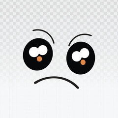 Simple cartoon icon of a grumpy, sad, or skeptical face with large eyes and downturned mouth. Ideal for expressing disappointment, dissatisfaction, or frustration in digital media and apps.