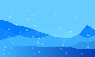 Abstract blue landscape with floating bubbles and geometric shapes