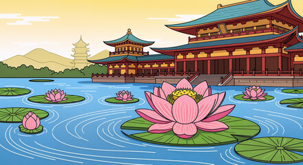 Fototapeta premium Buddhist Temple and Lotus Flower Flat Vector