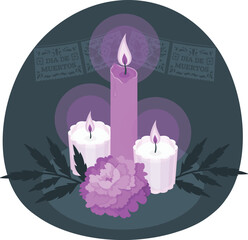 Dia de Muertos purple candles and flower illustration day of the dead pink