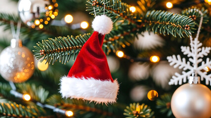 Obraz premium Christmas hat toy hanging on Christmas tree with bokeh background