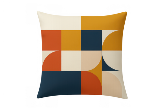 Cushion with retro geometric pattern, abstract shapes, and warm color palette, on transparent background - Powered by Adobe