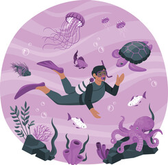 Diver swimming with purple sea turtle octopus jellyfish and fish underwater ocean