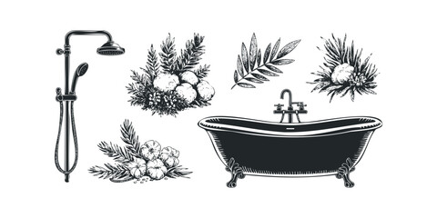 Antique clawfoot bathtub and shower fixture with botanical elements