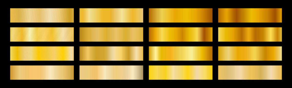 Elegant gold swatch collection with shiny plate texture. Metallic tones and smooth gold gradient create a luxurious gradient plate design.