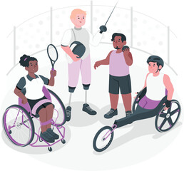 Diverse athletes in wheelchairs and with prosthetics participating in sports disabled athletes