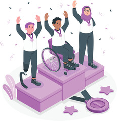 Diverse athletes celebrate victory on a podium with medals and confetti celebration