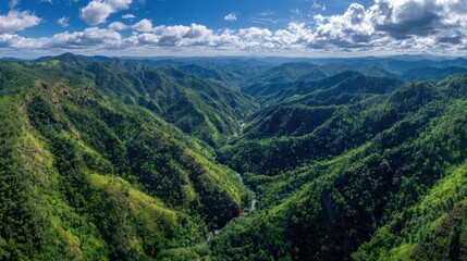 Beautiful natural landscape with high mountains, green hills, blue sky, and scenic valley view isolated on white background