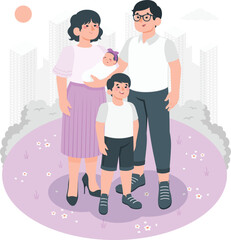 Diverse family with baby in a park with city skyline background parents children