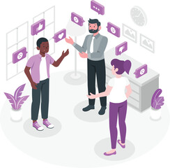 Diverse group discussing social media feedback with icons communication discussion