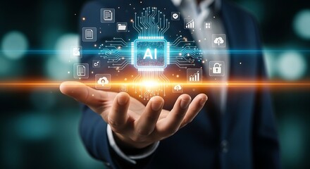 Concept of intelligent data processing where an AI central unit classifies and structures virtual folders and electronic documents efficiently