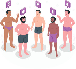 Diverse group of men in underwear with speech bubbles adult appearance