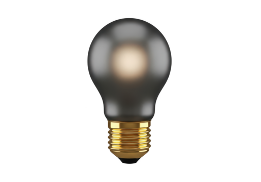 Frosted glass light bulb with glowing filament isolated on transparent background