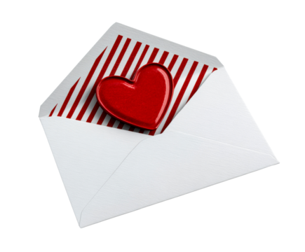 Red Heart Inside Open Envelope With Red Stripes on a transparent background, cut out