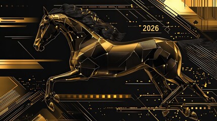 Golden black horse abstract art with metallic waves