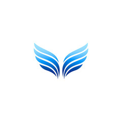 Stylized symmetrical blue wings with a color gradient on a clean white background.