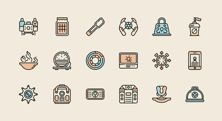 Collection of various icons representing different concepts and objects.