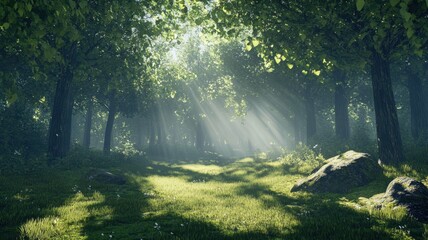 Fototapeta premium Sunbeams pierce through a green canopy in a serene forest clearing, with dappled mossy ground, perfect for interactive UI backgrounds.