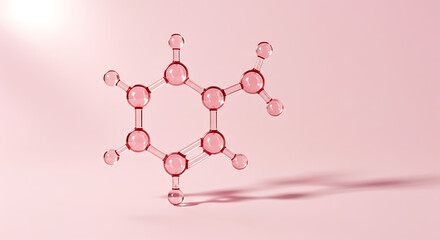 Abstract representation of a pink benzene molecule structure with a soft shadow on a light pink background