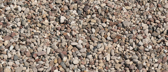 Pebble stones textured background. Small round rocks pattern top view, smooth pebble