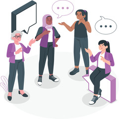 Diverse group of women talking with speech bubbles communication