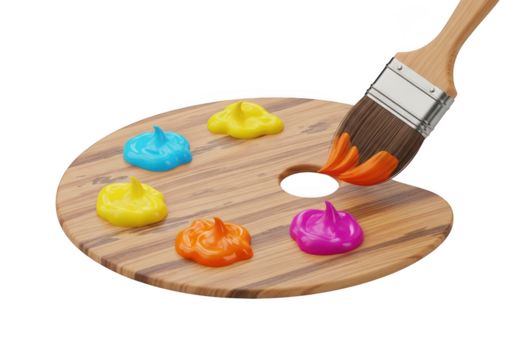 Wooden paint palette with colorful blobs of paint and a brush isolated on transparent background