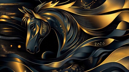Golden black horse abstract art with metallic waves