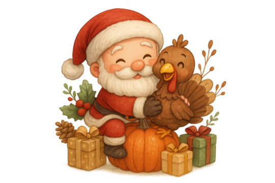 Santa claus and turkey hugging, celebrating thanksgiving and christmas holidays with gifts, watercolor illustration