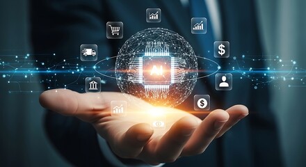 Hand holding a digital sphere powered by a central AI processor connecting various sectors of the smart economy and global market