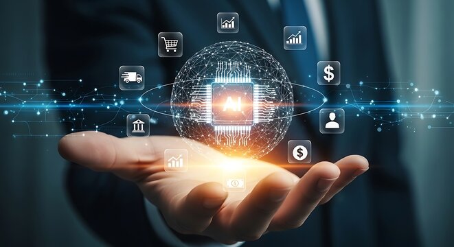 Hand holding a digital sphere powered by a central AI processor connecting various sectors of the smart economy and global market