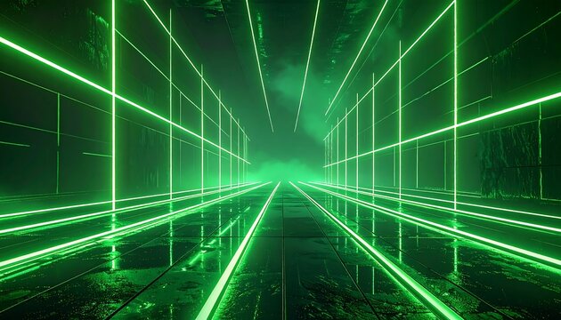 A futuristic, neon-green glowing grid tunnel receding to a hazy, distant vanishing point. Moody and abstract