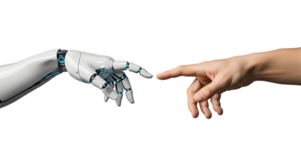 Bridging the divide human and artificial intelligence hands connect in a symbolic gesture of future interaction, technological integration, and societal evolution