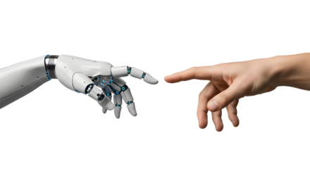 Symbolic connection of human and robotic hands, illustrating the future of artificial intelligence, technology, and humanity's intricate interaction in a digital age