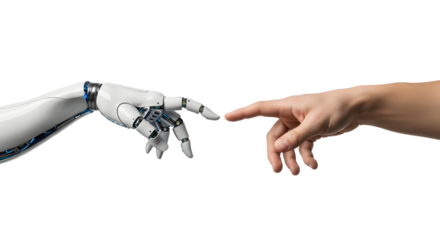 Human and robotic hands nearly touching, symbolizing artificial intelligence, future technology, and the evolving connection between humanity and advanced machines